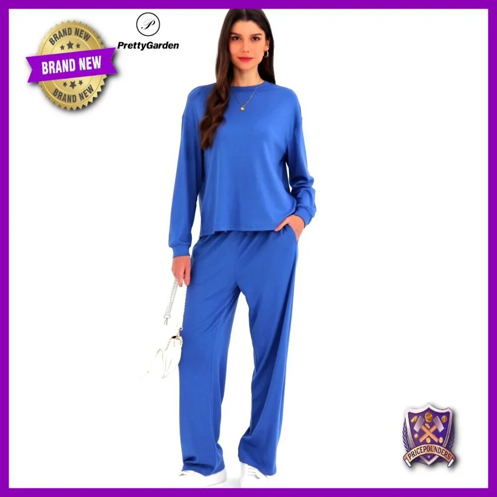 Loose Fit Long Sleeve Crewneck Wide Leg Pants Lounge Set Two Piece Tracksuit